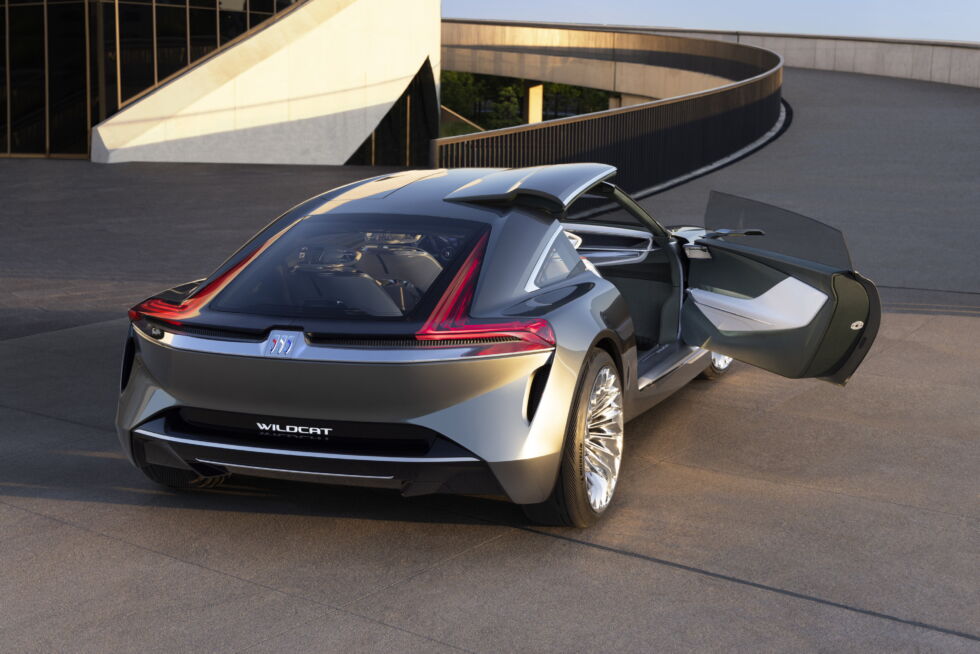 Buick Wildcat EV concept rear three-quarter with distinctive semi-swing doors that open on the passenger side.